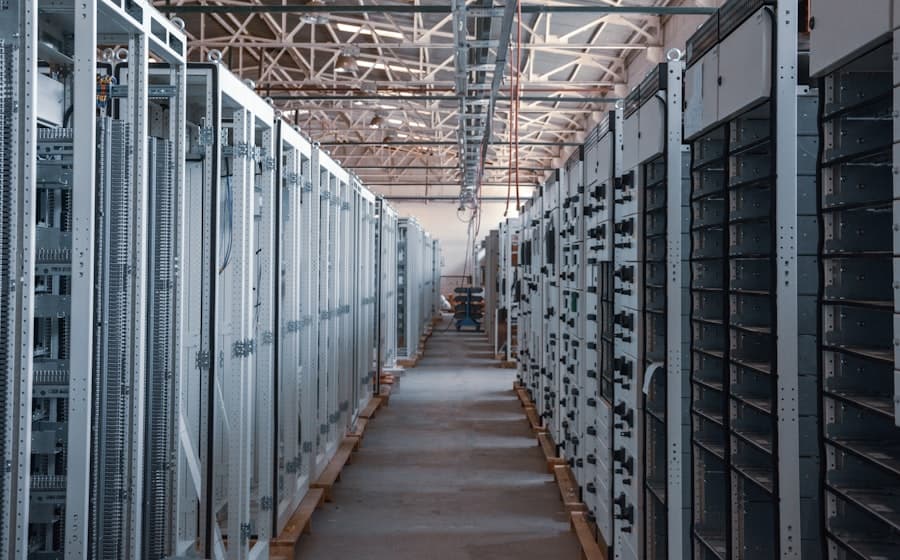 Data centre aisle with rows of server cabinets