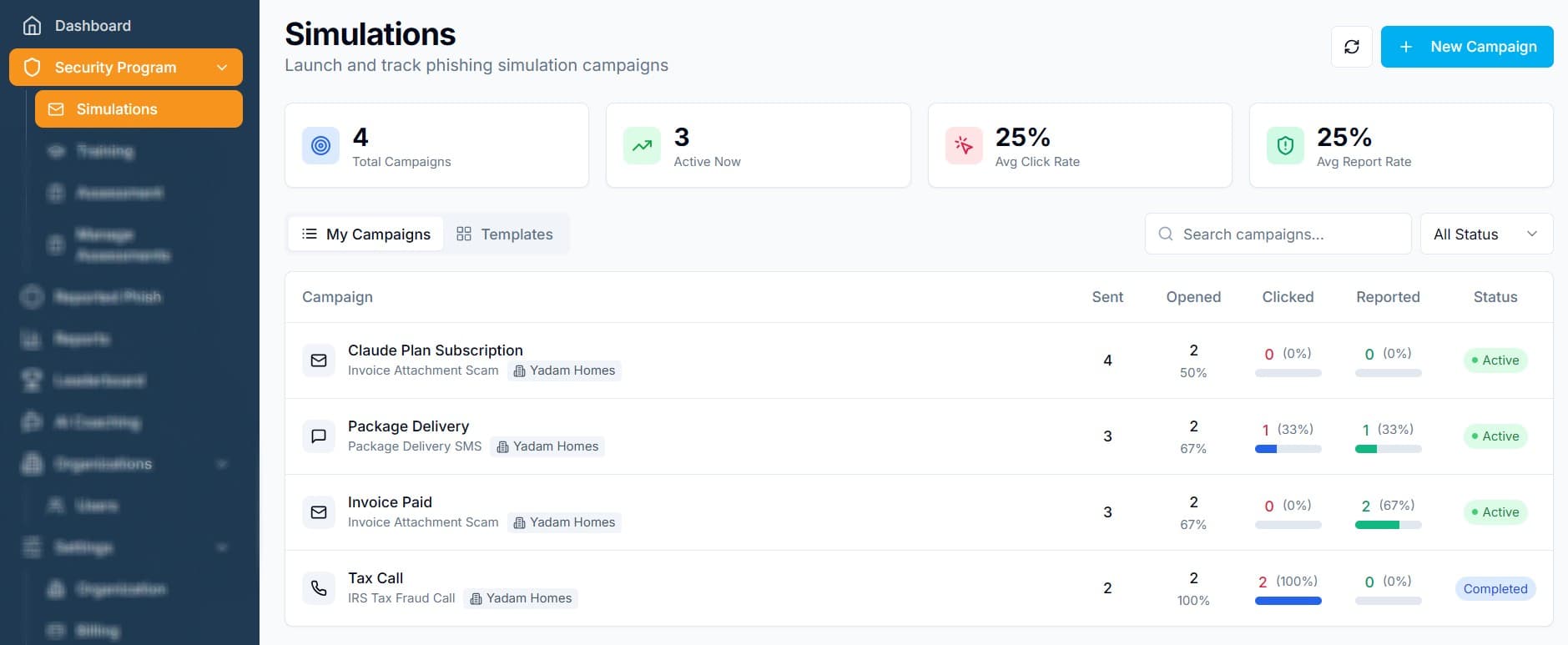 Phishing simulation campaign view