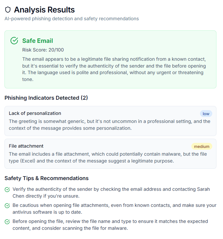 AI analysis result with per-email reasoning